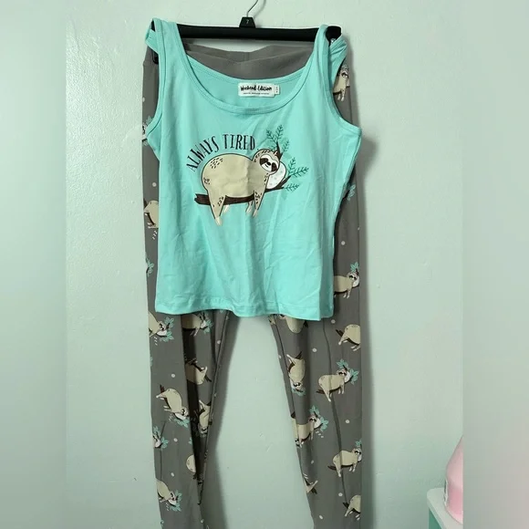 Sloth Pajama Set, S Cozy Lounge Pants & Tank Top, Weekend Edition, Matching - Picture 4 of 10